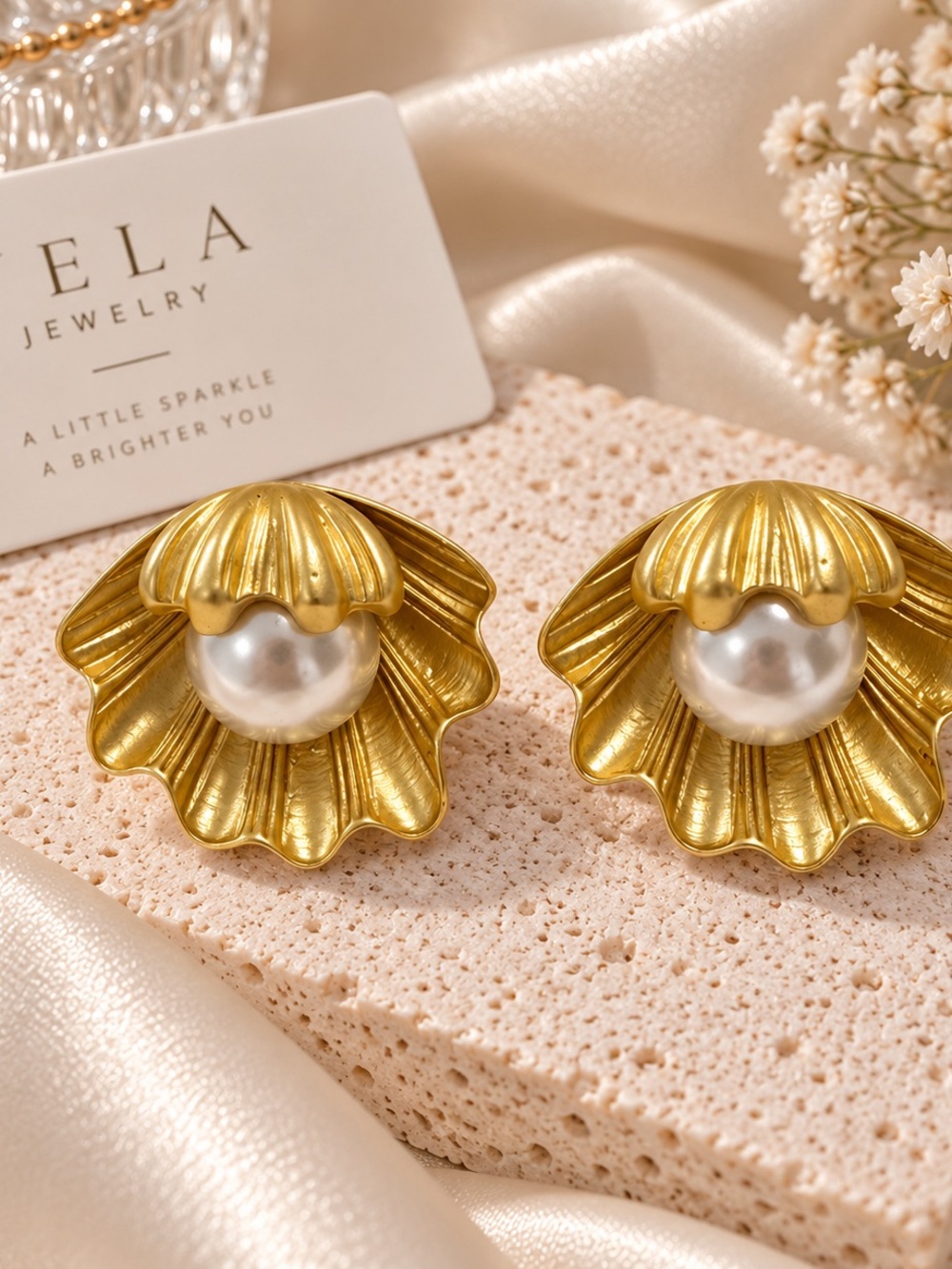Gold Shell Pearl Statement Earrings -